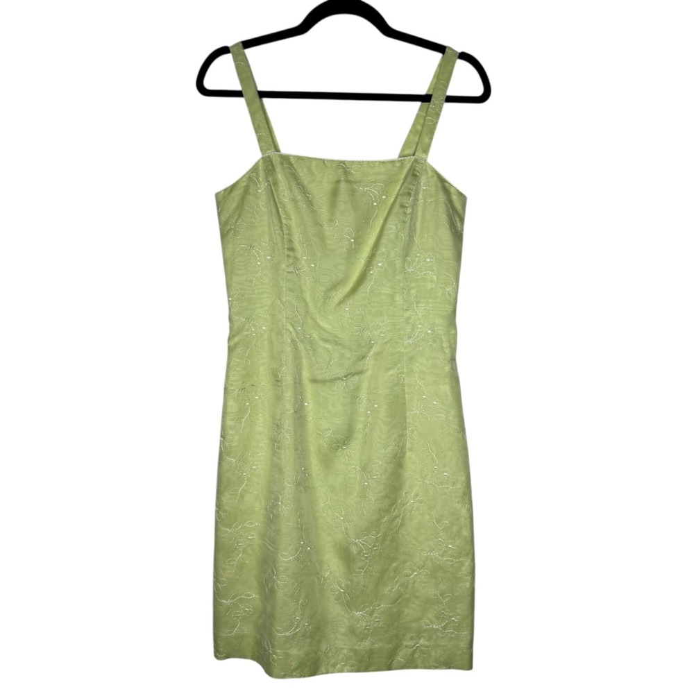 Rimini by Shaw Vintage 90s Y2K Embroidered Sheath Dress Mini Green White Flowers